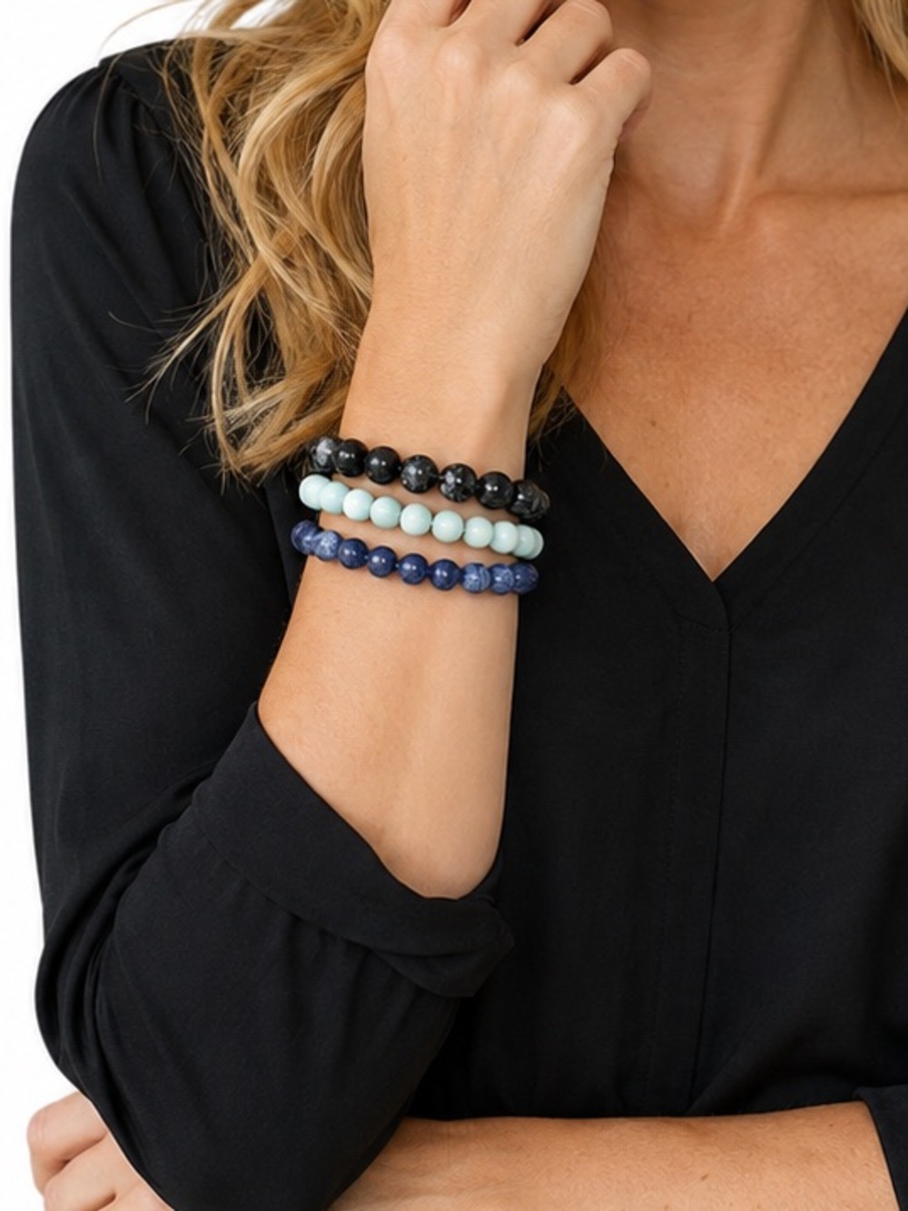 NEW Cookie Lee Set of 3 Stone Bracelets Snowflake Obsidian Amazonite Sodalite